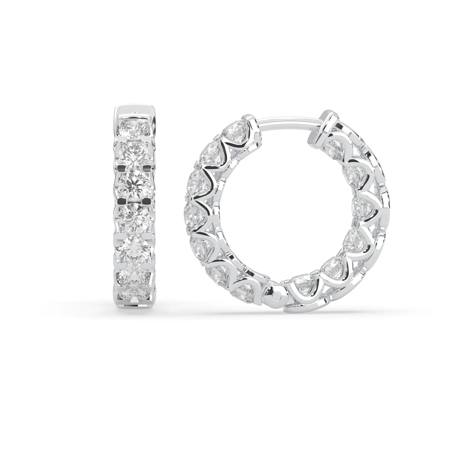 white gold Round cut lab grown diamond hoop earrings featuring 2.50 mm diamonds in a shared prong setting with hinged closure.