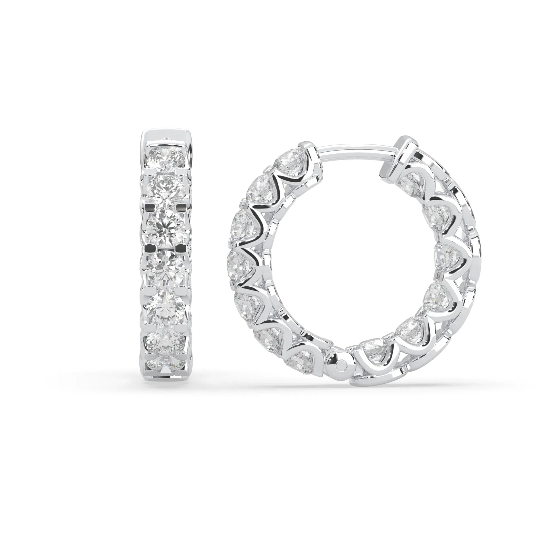 white gold Round cut lab grown diamond hoop earrings featuring 2.50 mm diamonds in a shared prong setting with hinged closure.