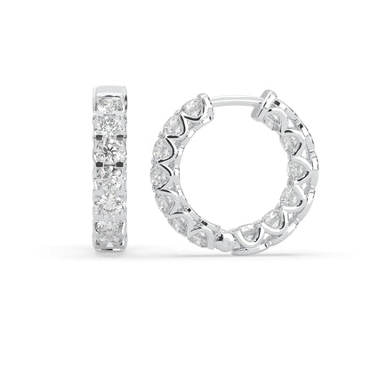 white gold Round cut lab grown diamond hoop earrings featuring 2.50 mm diamonds in a shared prong setting with hinged closure.