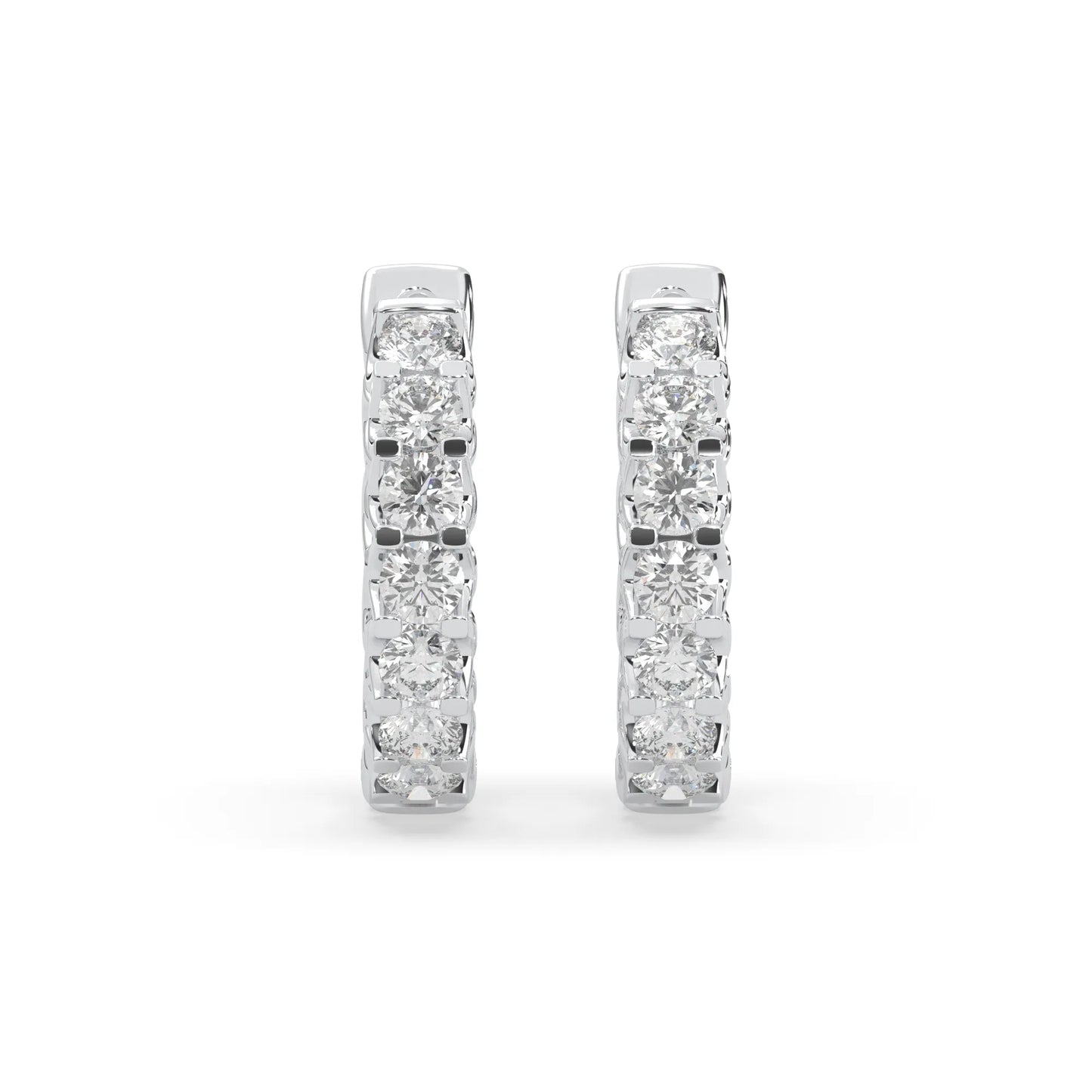 white gold Round cut lab grown diamond hoop earrings featuring 2.50 mm diamonds in a shared prong setting with hinged closure.