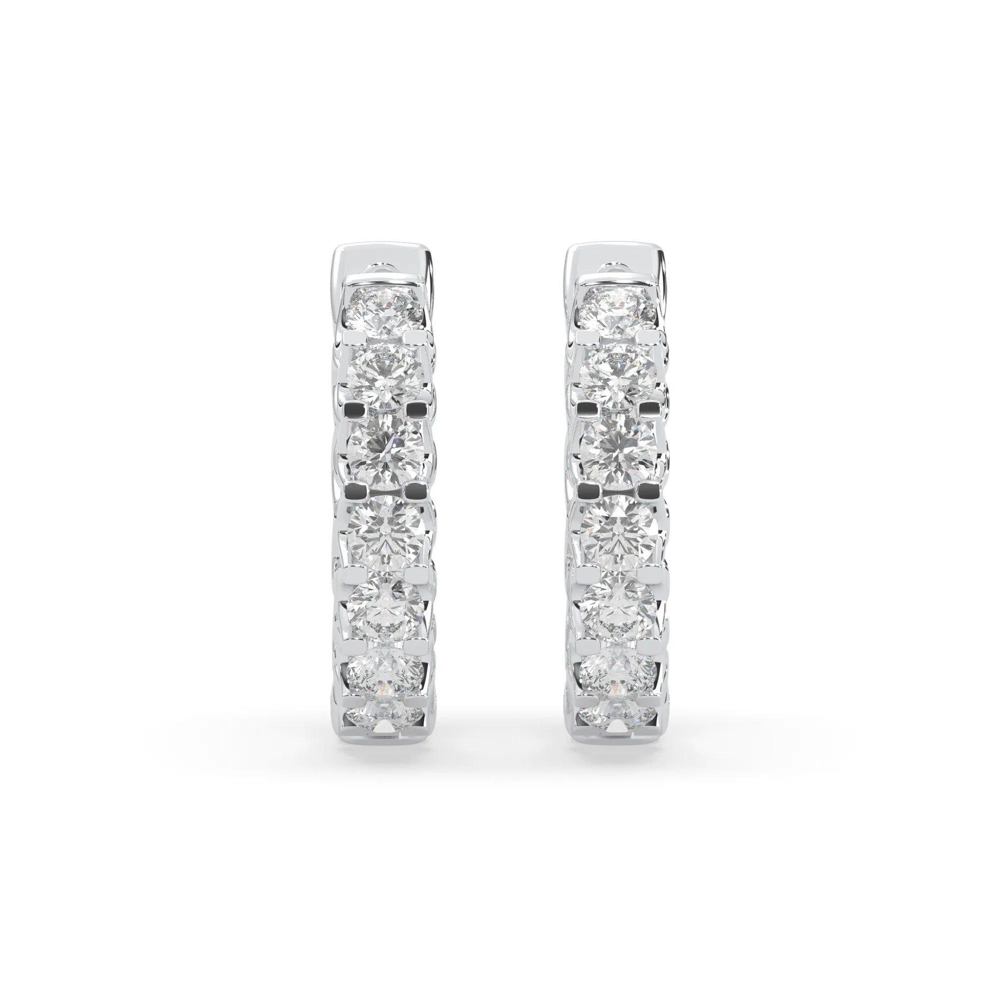 white gold Round cut lab grown diamond hoop earrings featuring 2.50 mm diamonds in a shared prong setting with hinged closure.