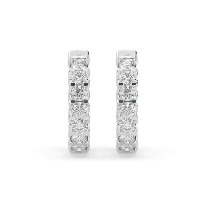 white gold Round cut lab grown diamond hoop earrings featuring 2.50 mm diamonds in a shared prong setting with hinged closure.