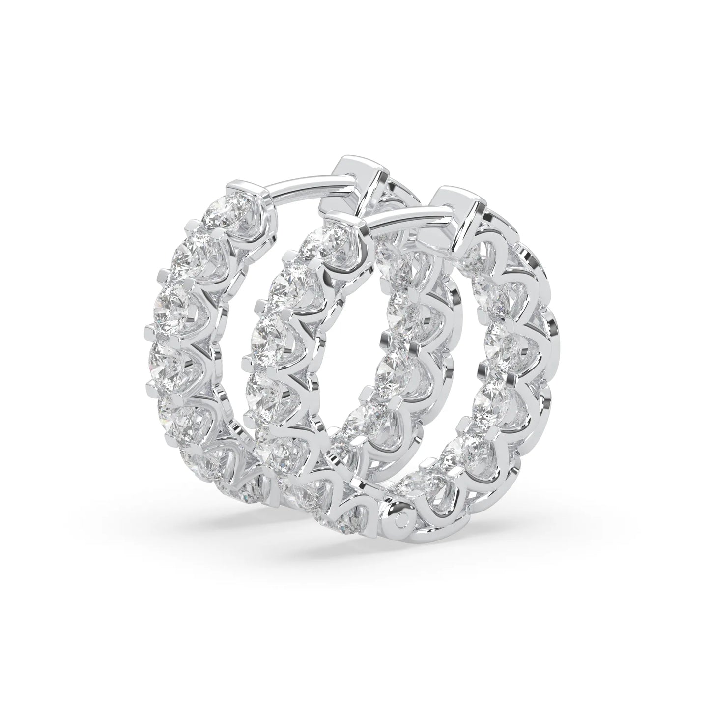 white gold Round cut lab grown diamond hoop earrings featuring 2.50 mm diamonds in a shared prong setting with hinged closure.