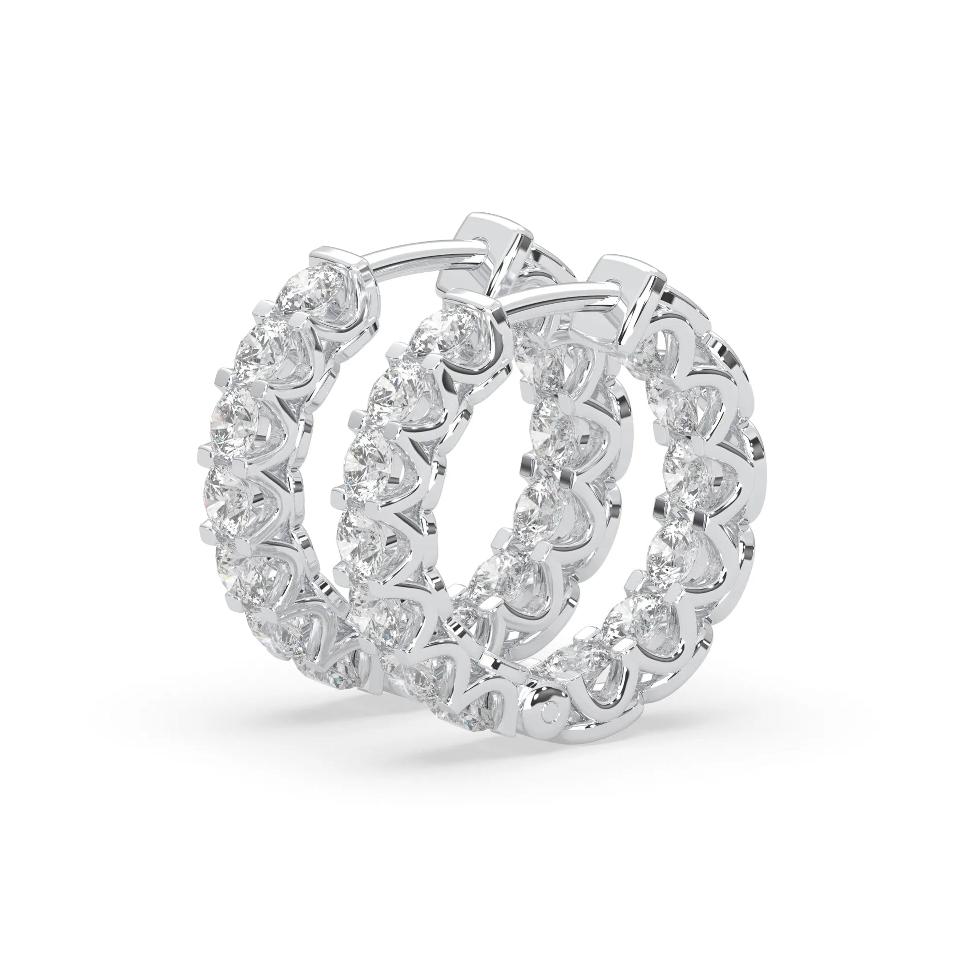 white gold Round cut lab grown diamond hoop earrings featuring 2.50 mm diamonds in a shared prong setting with hinged closure.