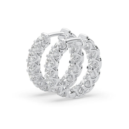 white gold Round cut lab grown diamond hoop earrings featuring 2.50 mm diamonds in a shared prong setting with hinged closure.