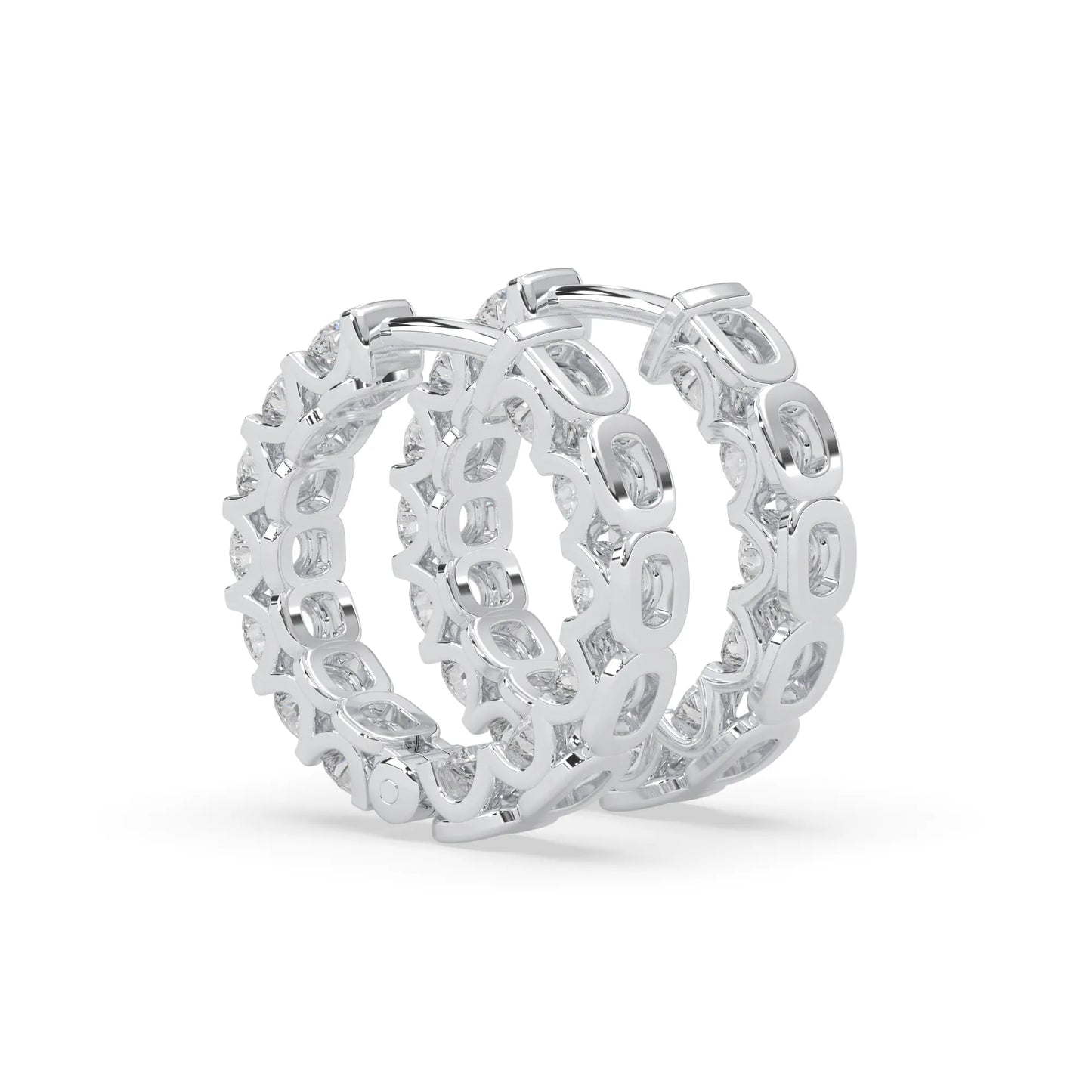 white gold Round cut lab grown diamond hoop earrings featuring 2.50 mm diamonds in a shared prong setting with hinged closure.