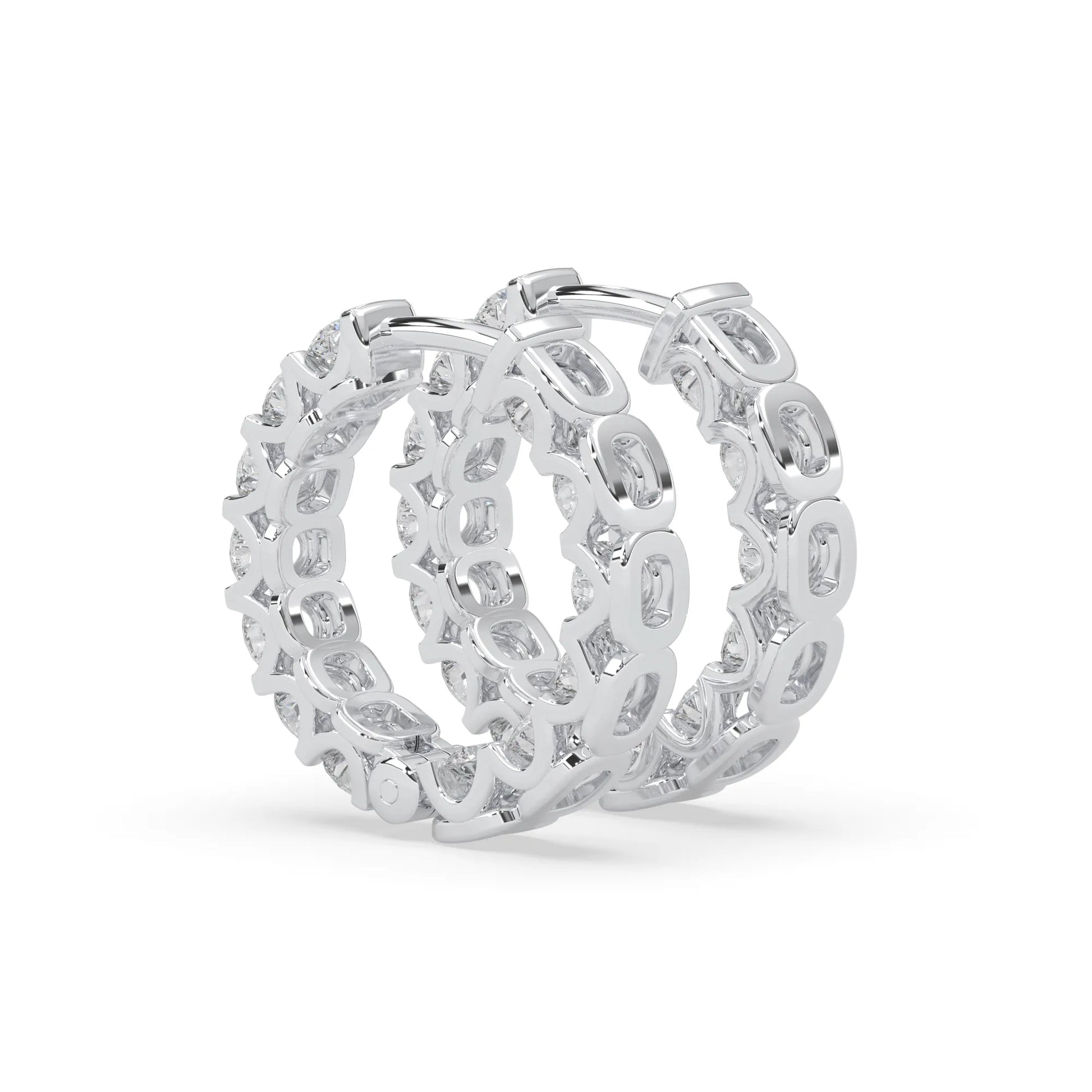 white gold Round cut lab grown diamond hoop earrings featuring 2.50 mm diamonds in a shared prong setting with hinged closure.
