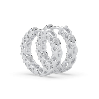 white gold Round cut lab grown diamond hoop earrings featuring 2.50 mm diamonds in a shared prong setting with hinged closure.
