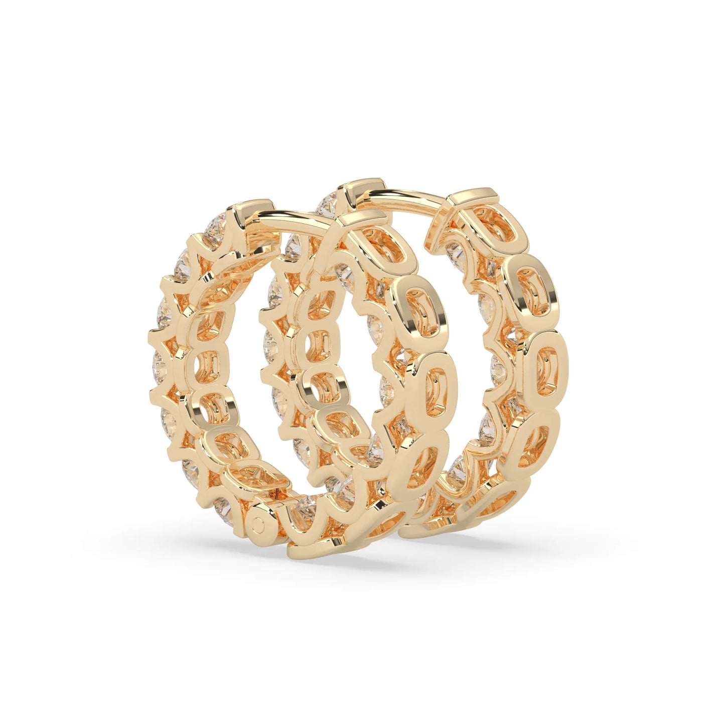 yellow gold Round cut lab grown diamond hoop earrings featuring 2.50 mm diamonds in a shared prong setting with hinged closure.