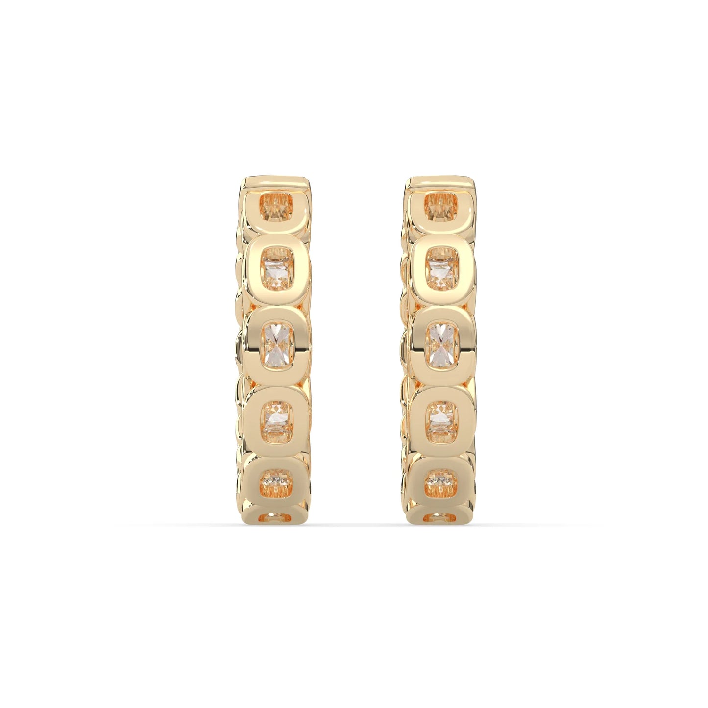 yellow gold Round cut lab grown diamond hoop earrings featuring 2.50 mm diamonds in a shared prong setting with hinged closure.