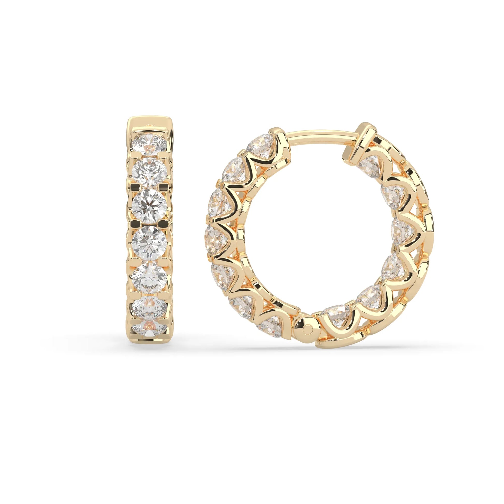yellow gold Round cut lab grown diamond hoop earrings featuring 2.50 mm diamonds in a shared prong setting with hinged closure.