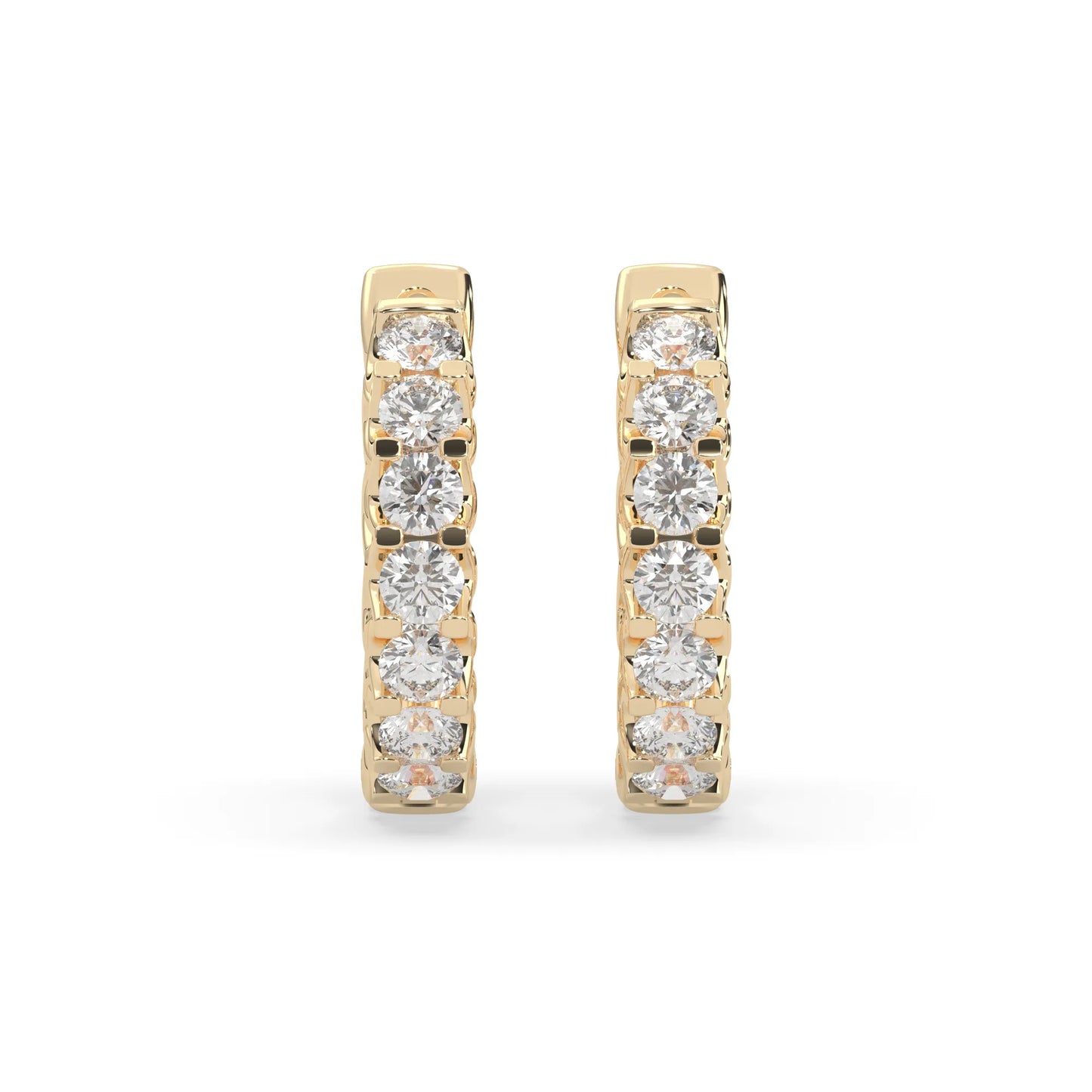 yellow gold Round cut lab grown diamond hoop earrings featuring 2.50 mm diamonds in a shared prong setting with hinged closure.