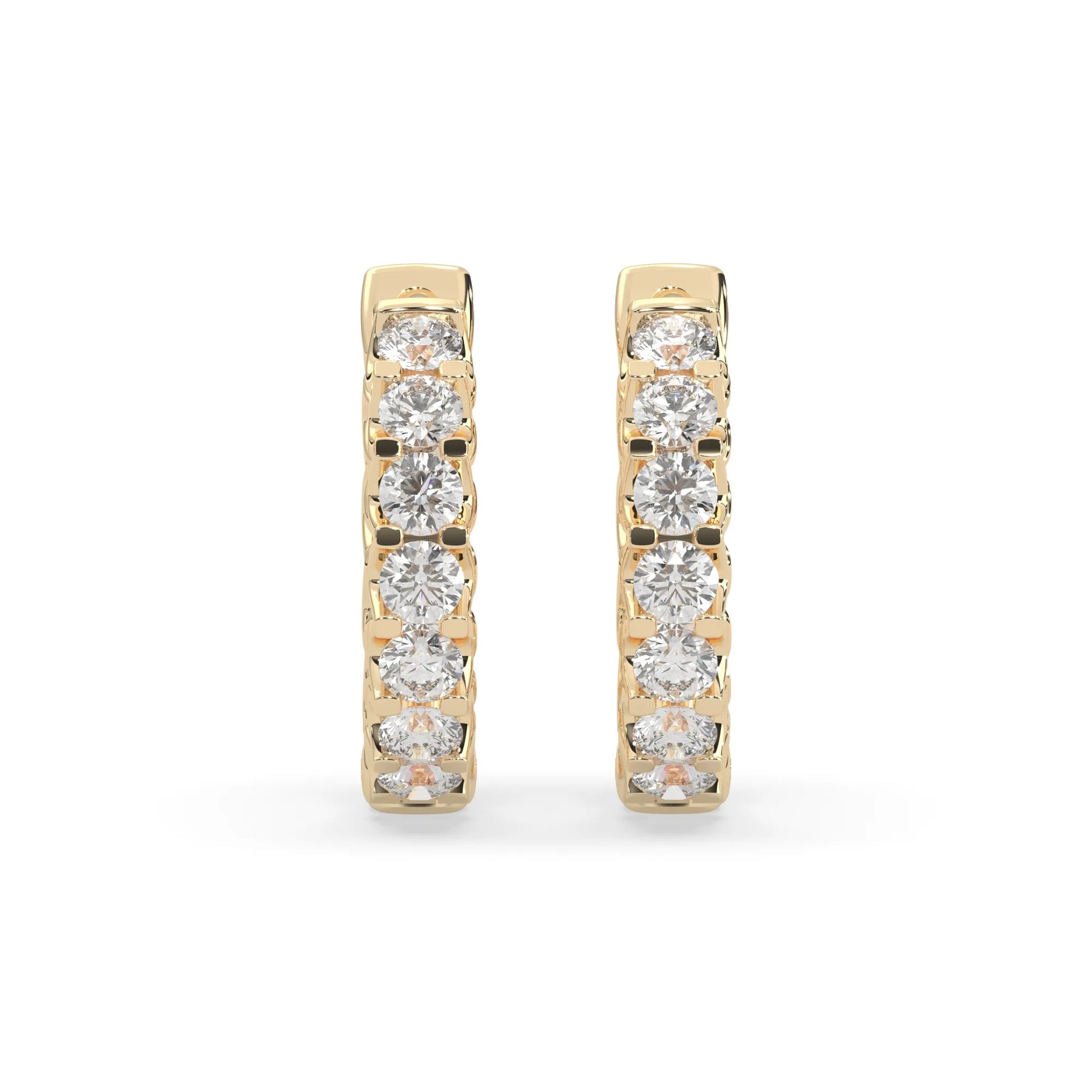 yellow gold Round cut lab grown diamond hoop earrings featuring 2.50 mm diamonds in a shared prong setting with hinged closure.
