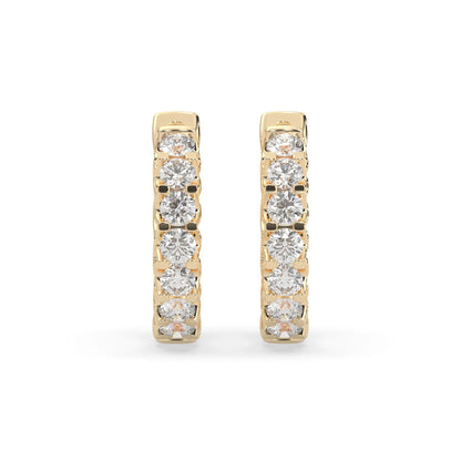 yellow gold Round cut lab grown diamond hoop earrings featuring 2.50 mm diamonds in a shared prong setting with hinged closure.