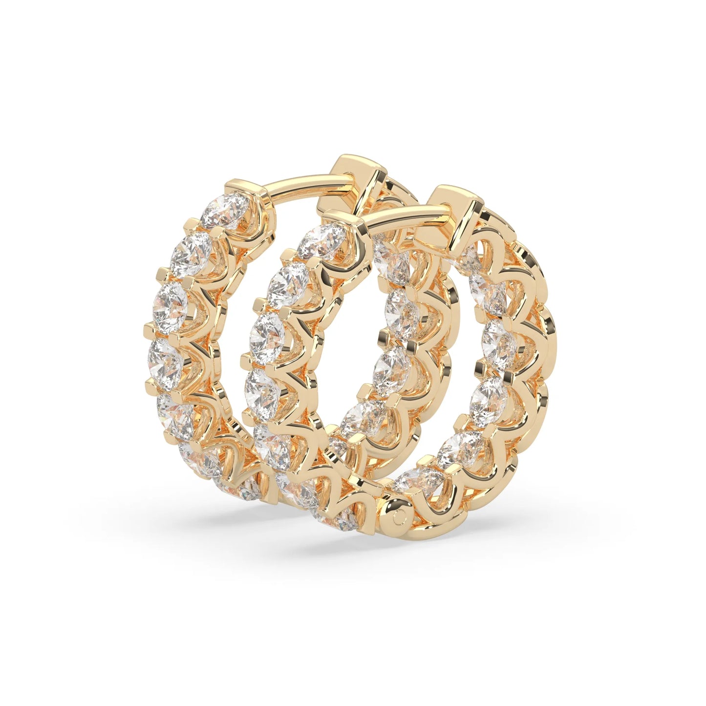 yellow gold Round cut lab grown diamond hoop earrings featuring 2.50 mm diamonds in a shared prong setting with hinged closure.