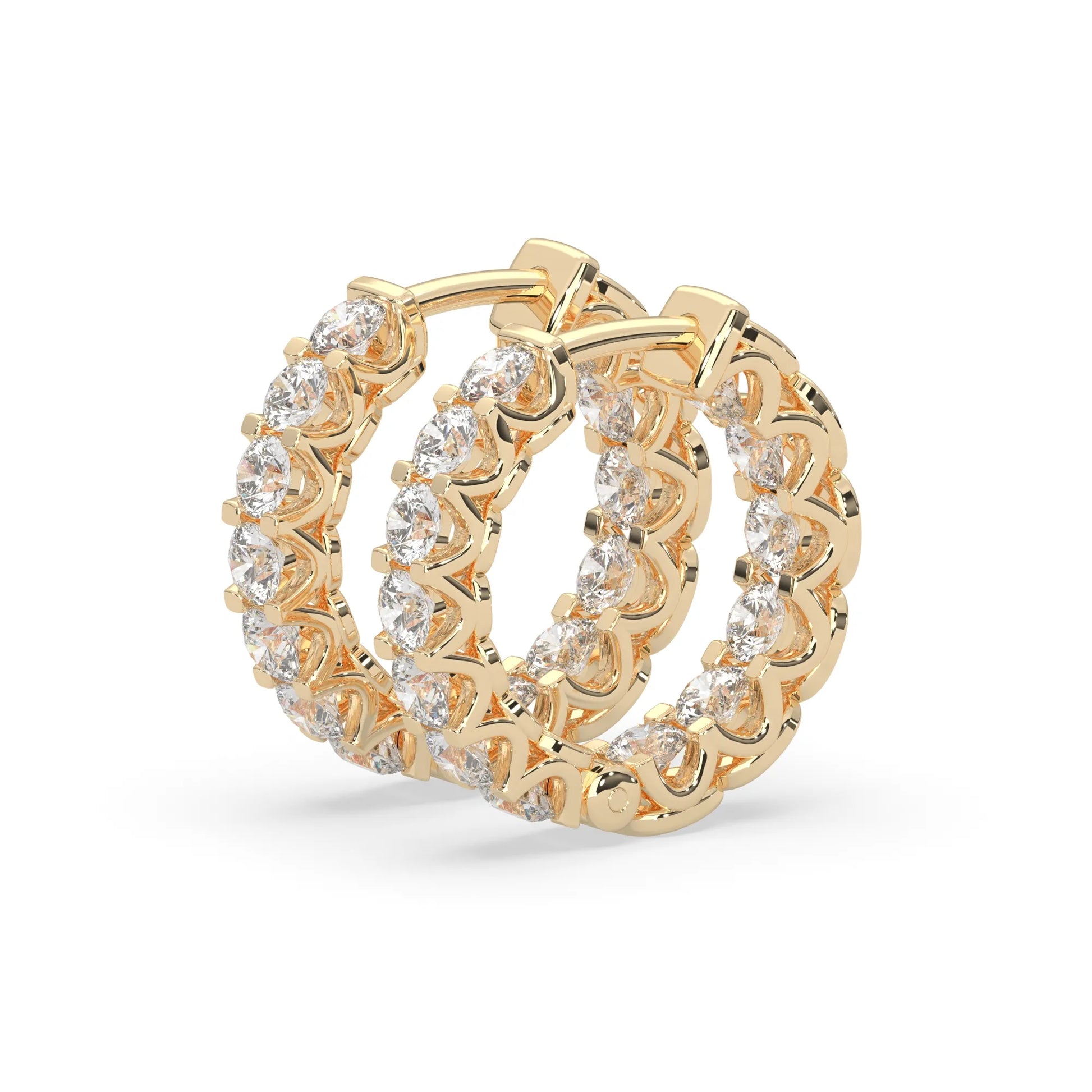 yellow gold Round cut lab grown diamond hoop earrings featuring 2.50 mm diamonds in a shared prong setting with hinged closure.