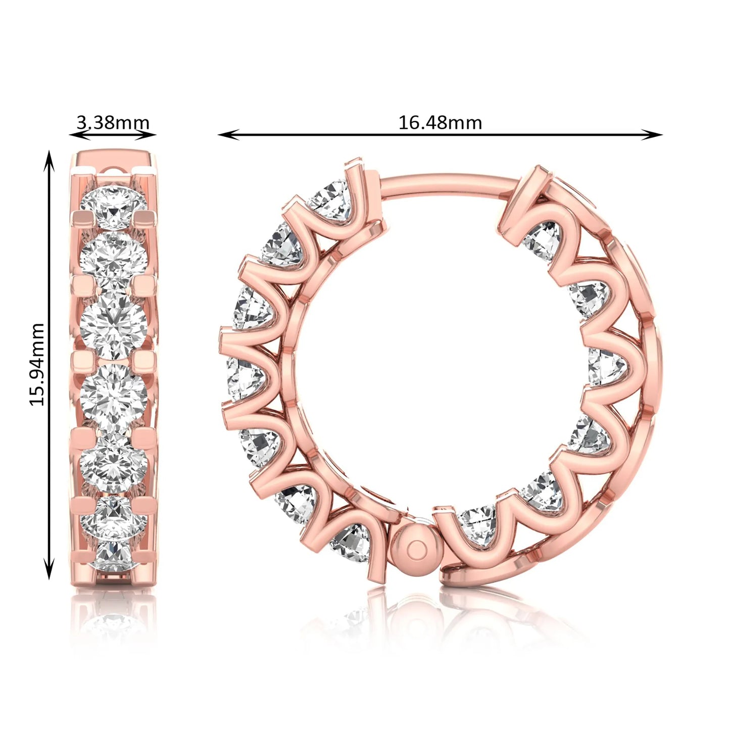 rose gold Round cut lab grown diamond hoop earrings featuring 2.50 mm diamonds in a shared prong setting with hinged closure.