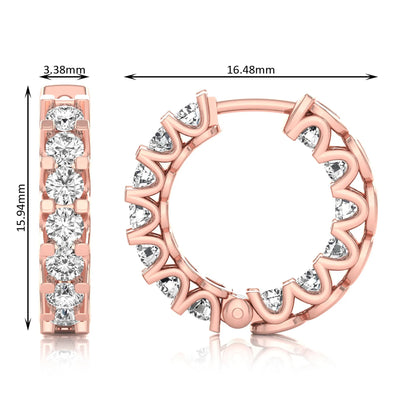 rose gold Round cut lab grown diamond hoop earrings featuring 2.50 mm diamonds in a shared prong setting with hinged closure.