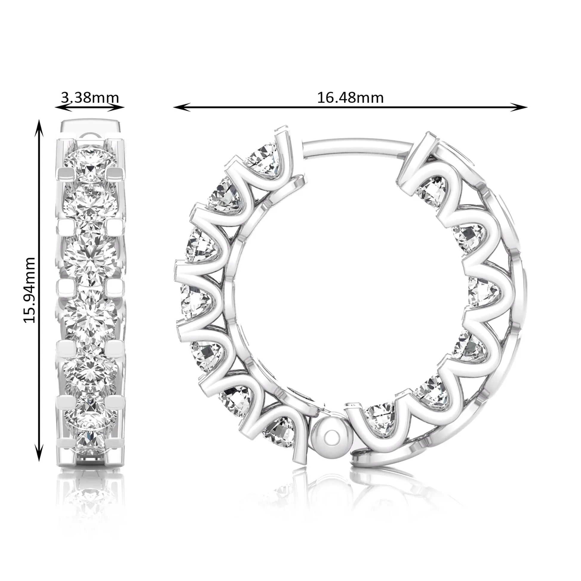 white gold Round cut lab grown diamond hoop earrings featuring 2.50 mm diamonds in a shared prong setting with hinged closure.