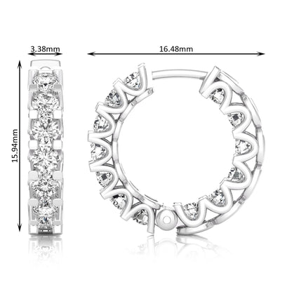 white gold Round cut lab grown diamond hoop earrings featuring 2.50 mm diamonds in a shared prong setting with hinged closure.