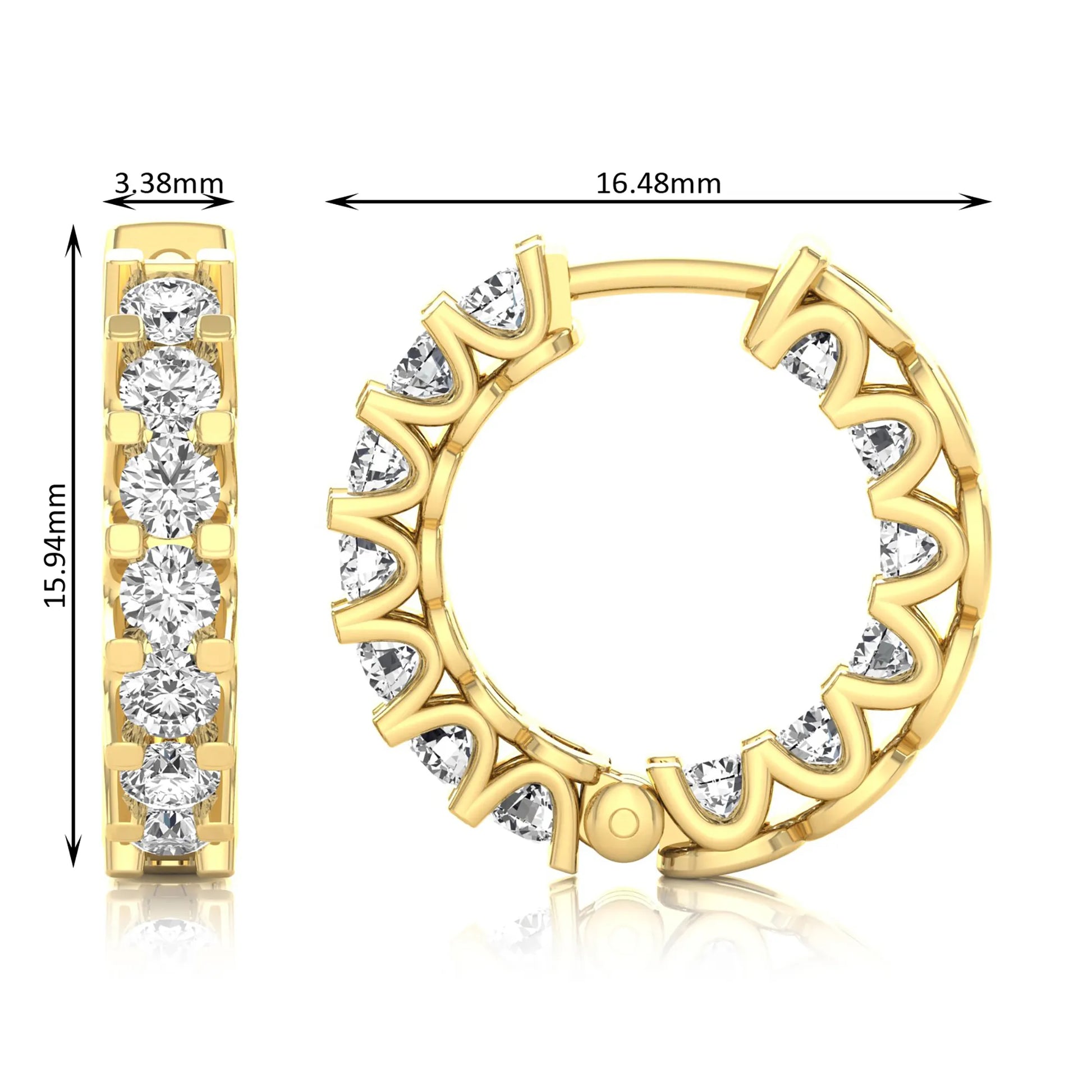 yellow gold Round cut lab grown diamond hoop earrings featuring 2.50 mm diamonds in a shared prong setting with hinged closure.