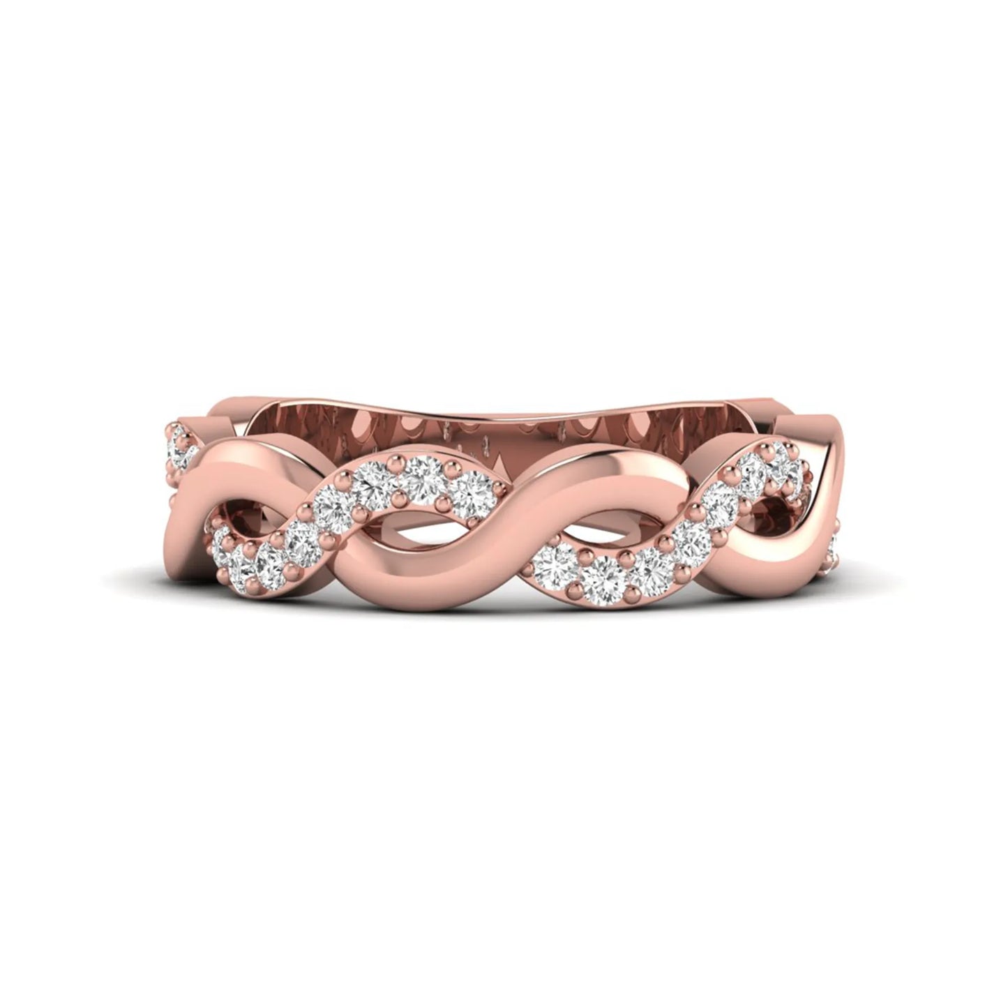 Round cut lab grown diamond infinity wedding band with pavé setting in rose gold tone.