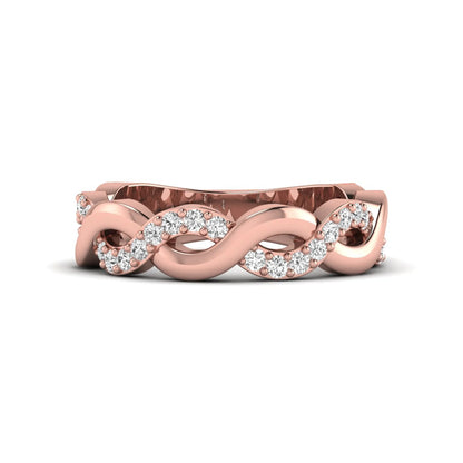 Round cut lab grown diamond infinity wedding band with pavé setting in rose gold tone.