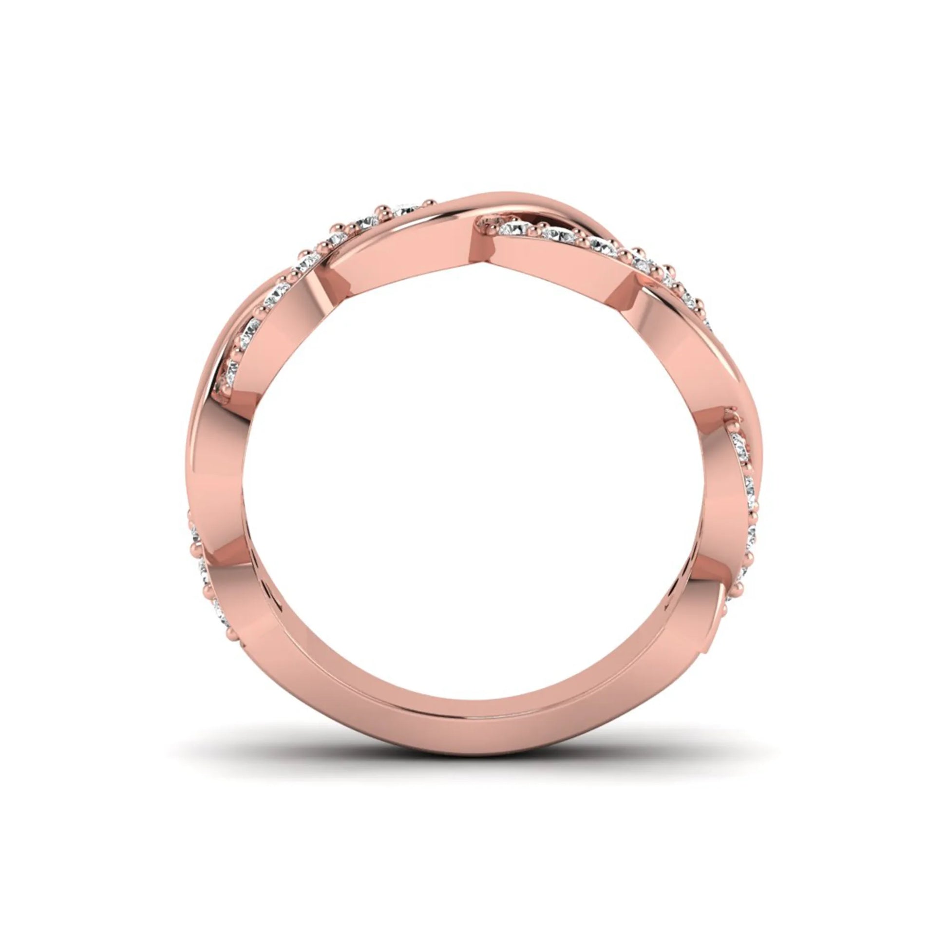 Round cut lab grown diamond infinity wedding band with pavé setting in rose gold tone.
