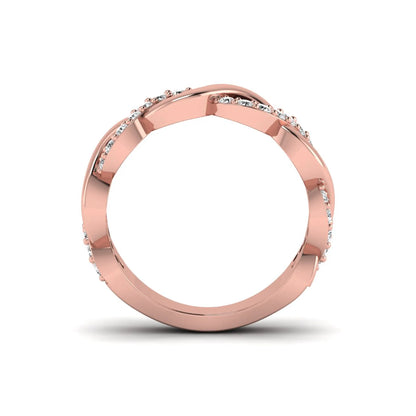 Round cut lab grown diamond infinity wedding band with pavé setting in rose gold tone.