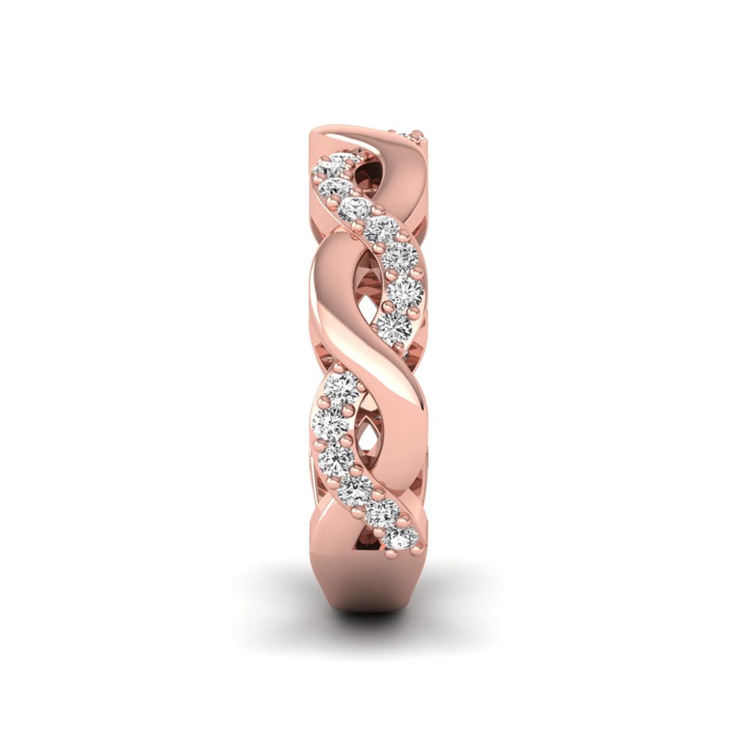Round cut lab grown diamond infinity wedding band with pavé setting in rose gold tone.