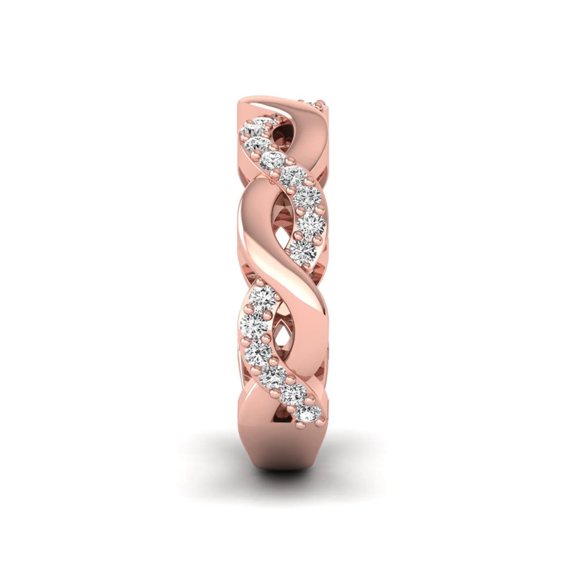 Round cut lab grown diamond infinity wedding band with pavé setting in rose gold tone.