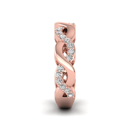 Round cut lab grown diamond infinity wedding band with pavé setting in rose gold tone.