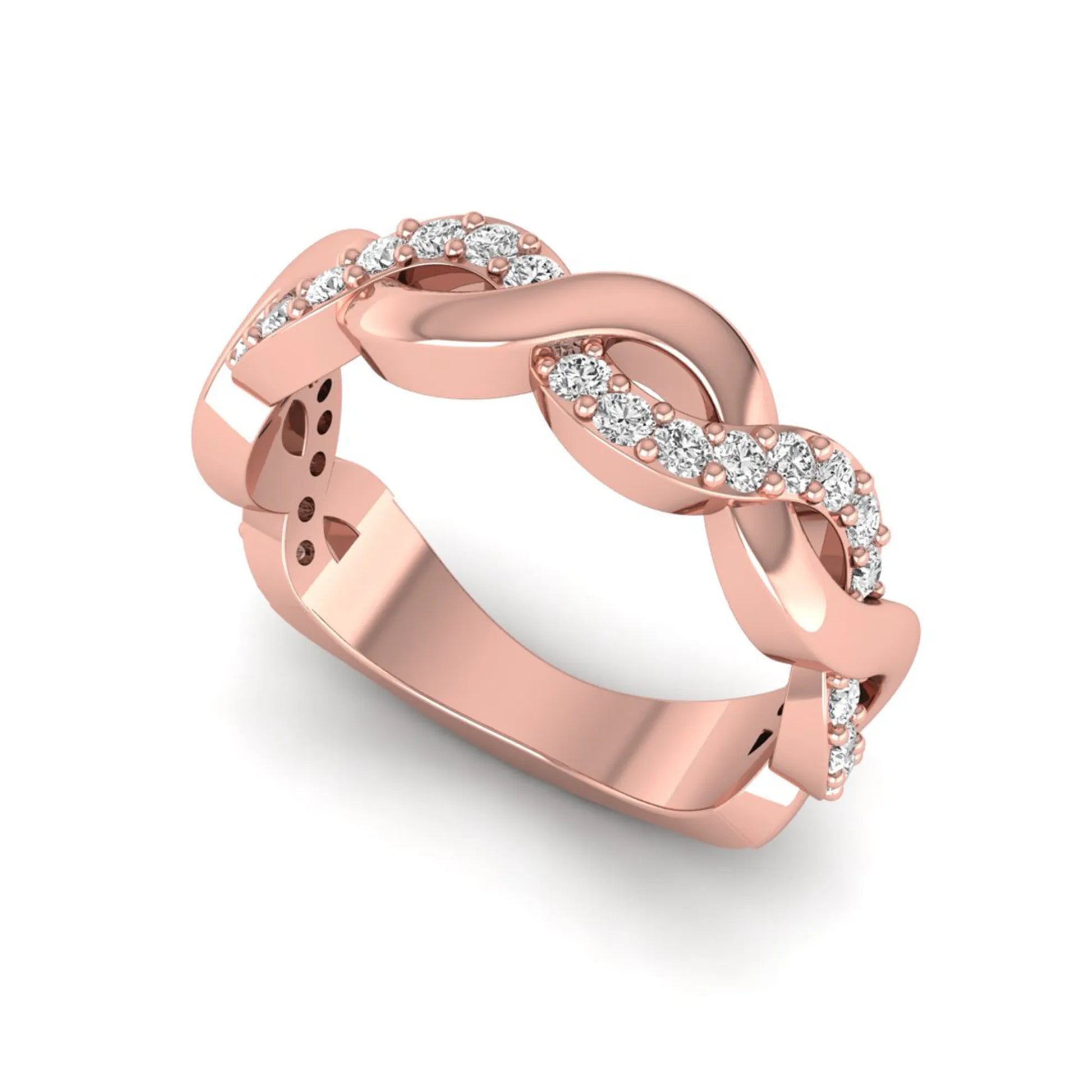 Round cut lab grown diamond infinity wedding band with pavé setting in rose gold tone.