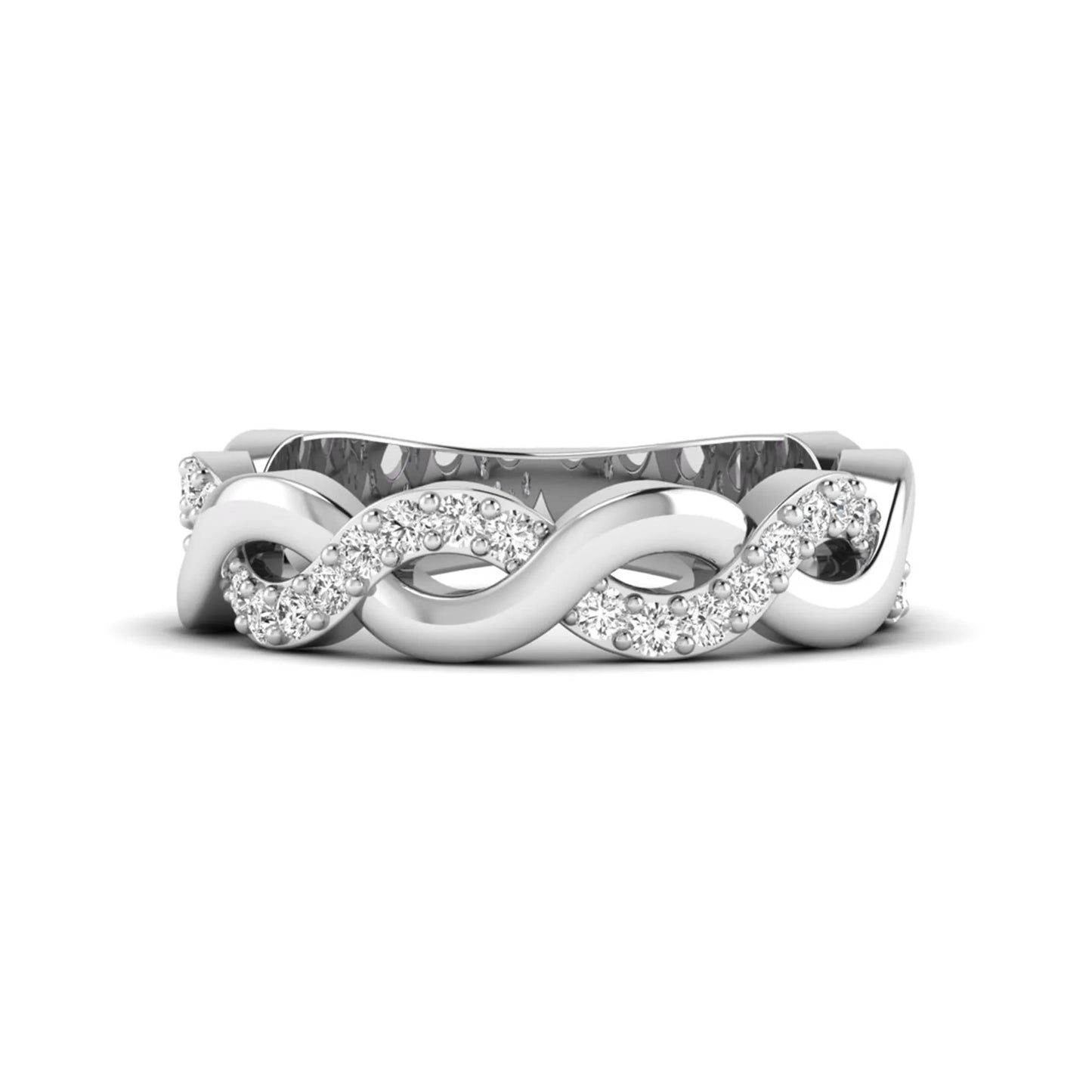 Round cut lab grown diamond infinity wedding band with pavé setting in white gold tone.