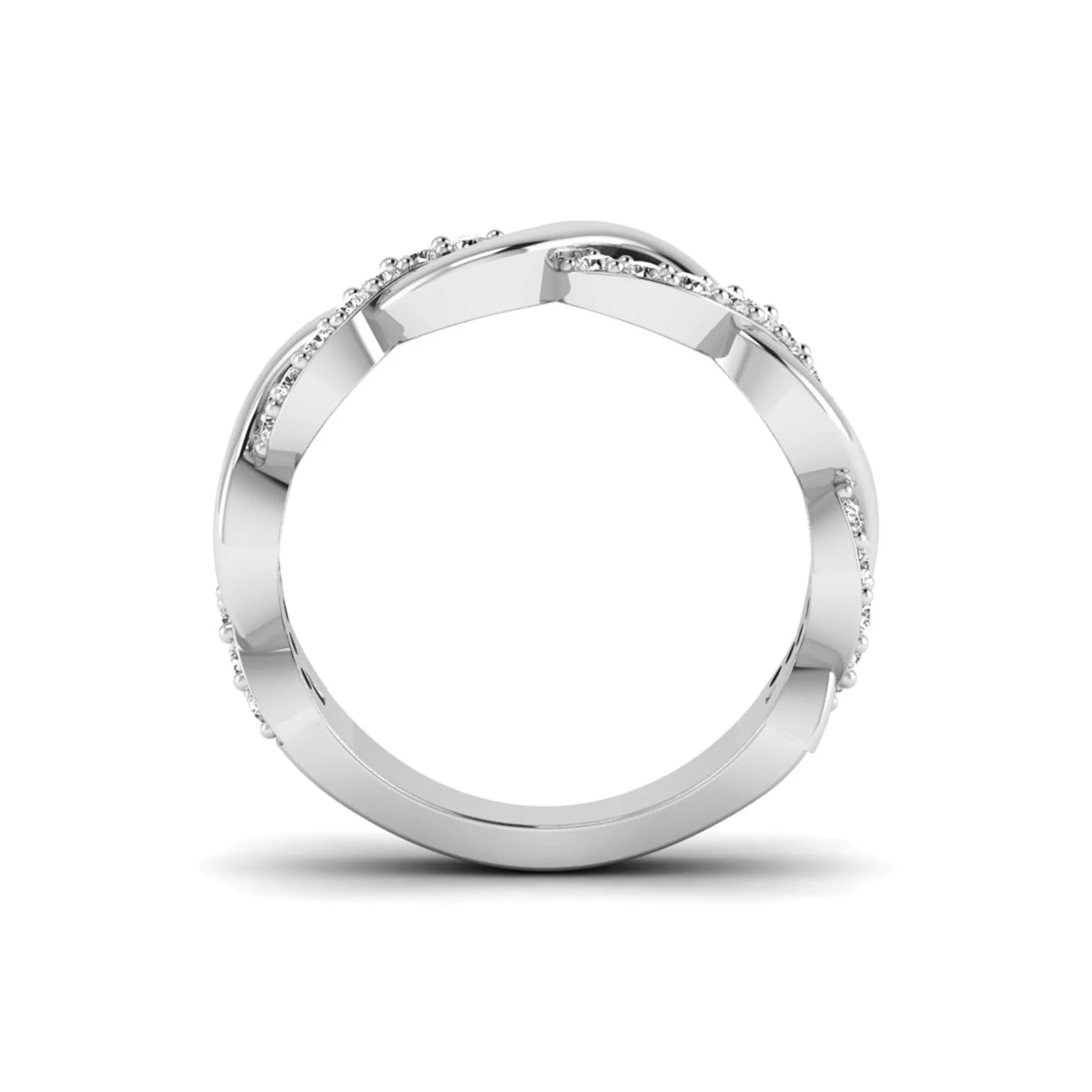 Round cut lab grown diamond infinity wedding band with pavé setting in white gold tone.