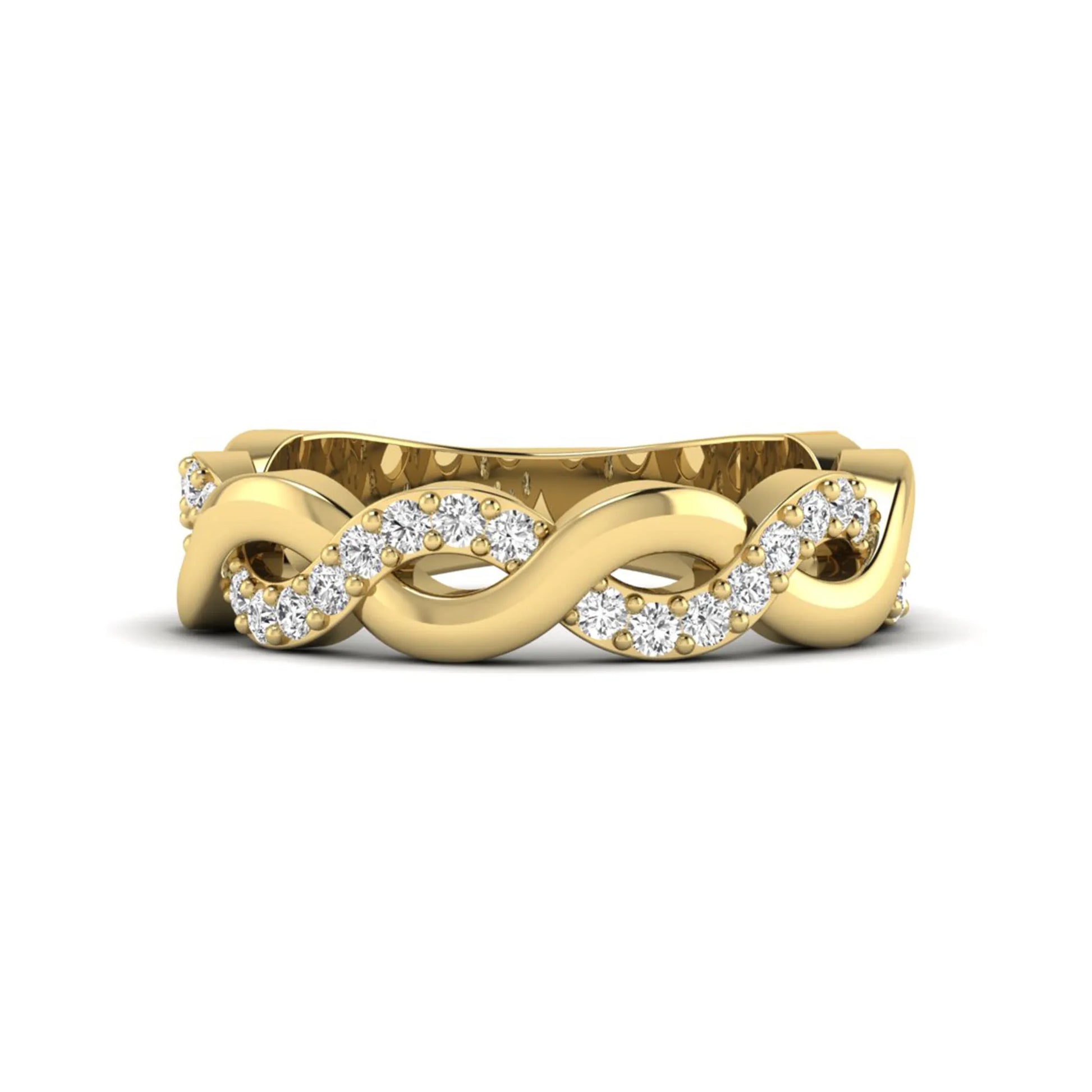 Round cut lab grown diamond infinity wedding band with pavé setting in yellow gold tone.