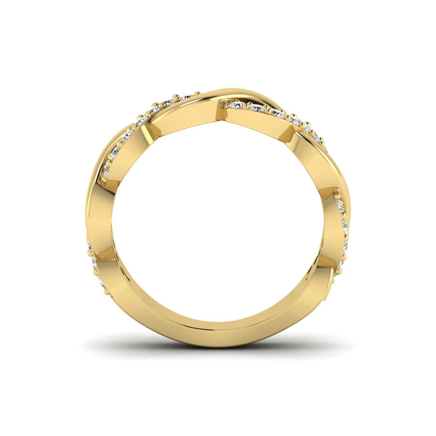Round cut lab grown diamond infinity wedding band with pavé setting in yellow gold tone.