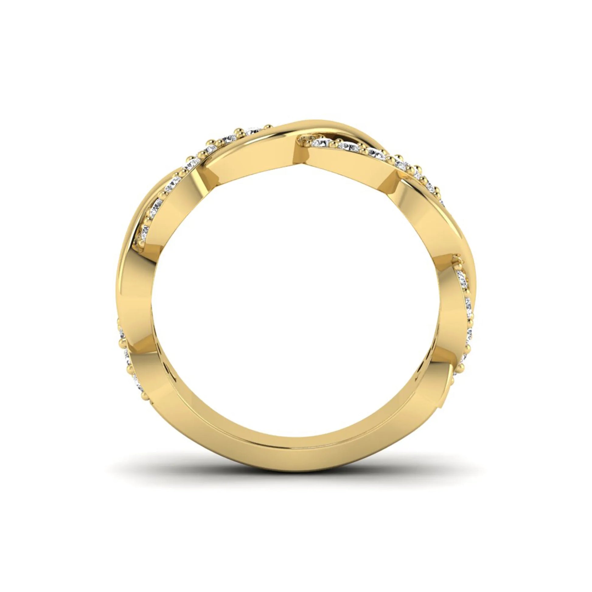 Round cut lab grown diamond infinity wedding band with pavé setting in yellow gold tone.