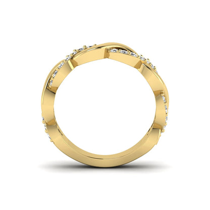 Round cut lab grown diamond infinity wedding band with pavé setting in yellow gold tone.