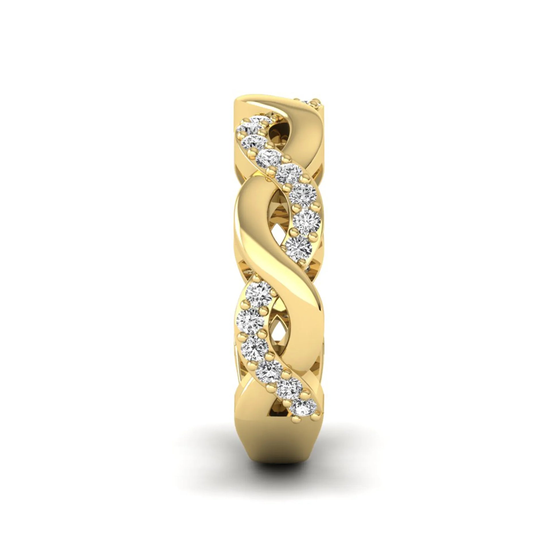 Round cut lab grown diamond infinity wedding band with pavé setting in yellow gold tone.