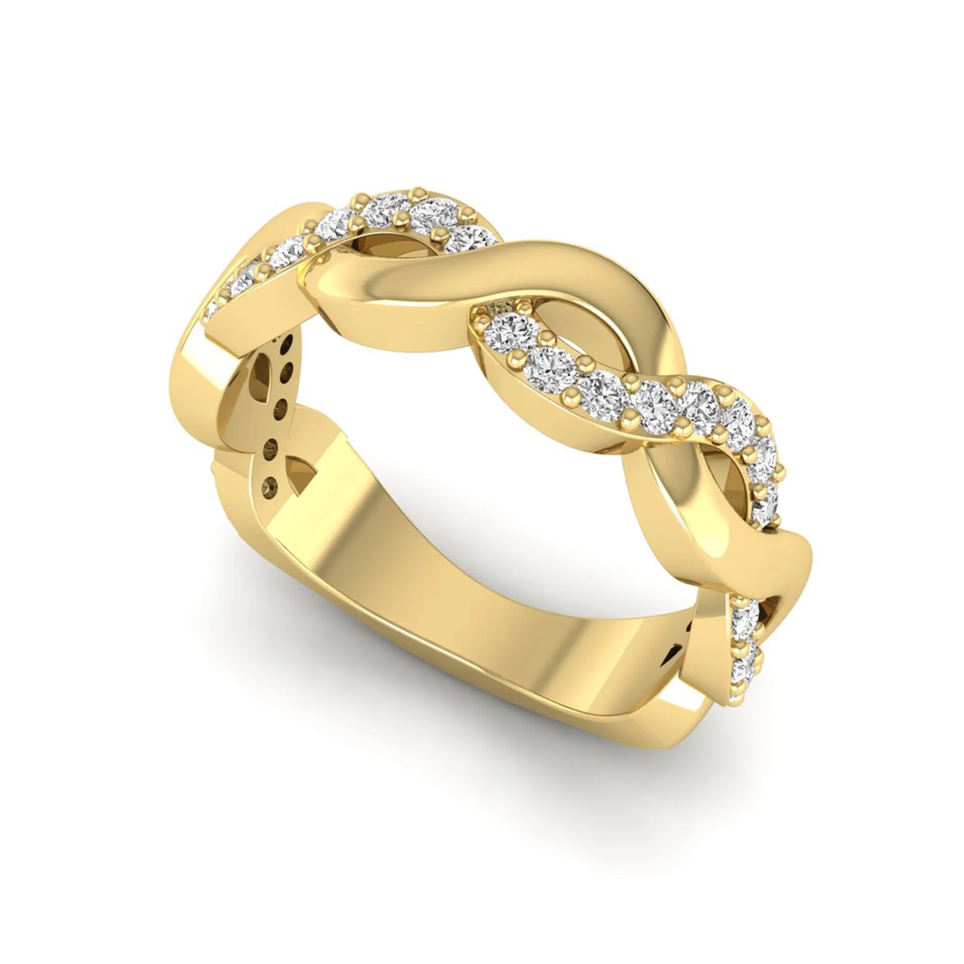 Round cut lab grown diamond infinity wedding band with pavé setting in yellow gold tone.