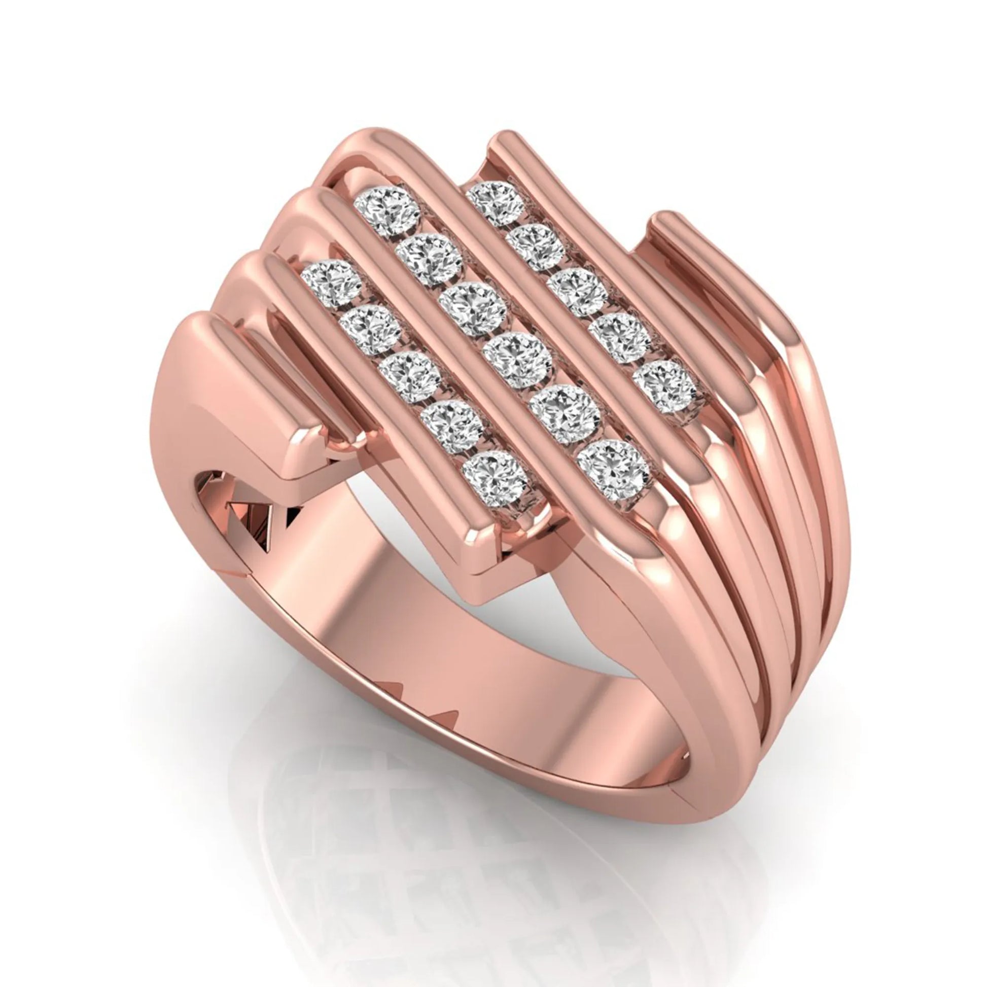 rose gold Men's statement ring featuring multiple rows of round cut lab grown diamonds in a bold architectural design