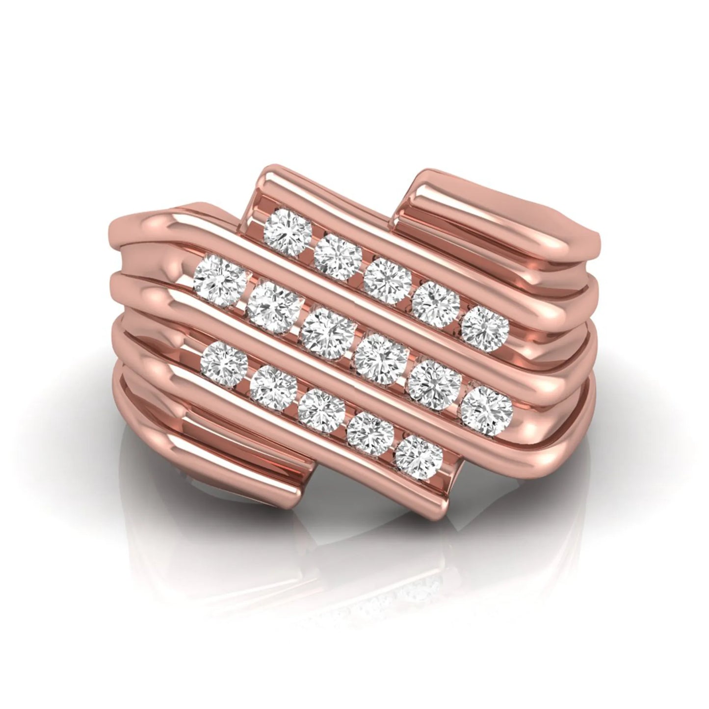 rose gold Men's statement ring featuring multiple rows of round cut lab grown diamonds in a bold architectural design