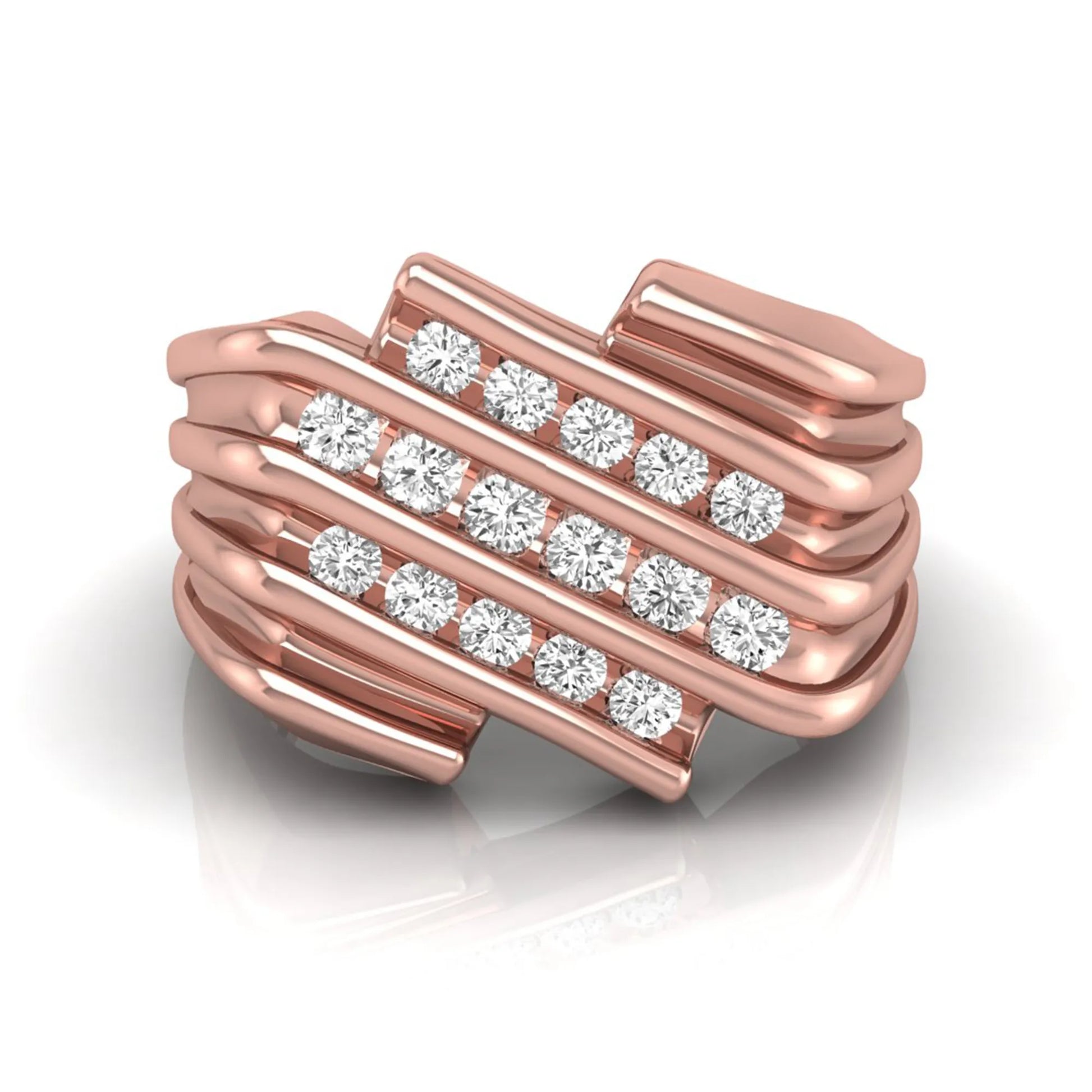 rose gold Men's statement ring featuring multiple rows of round cut lab grown diamonds in a bold architectural design