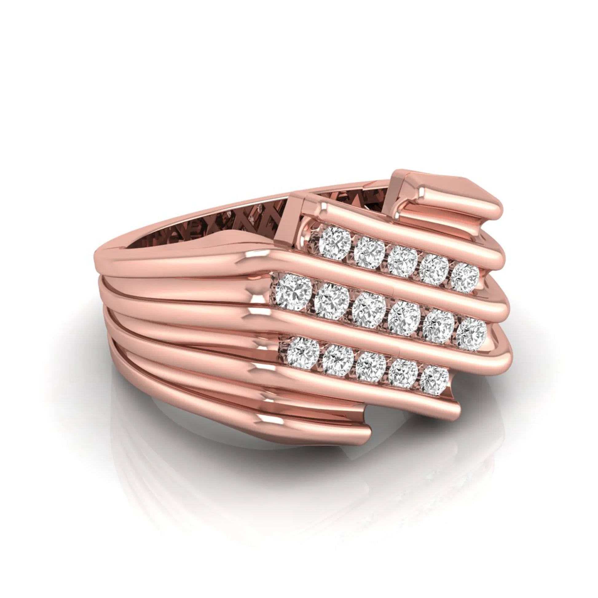 rose gold Men's statement ring featuring multiple rows of round cut lab grown diamonds in a bold architectural design