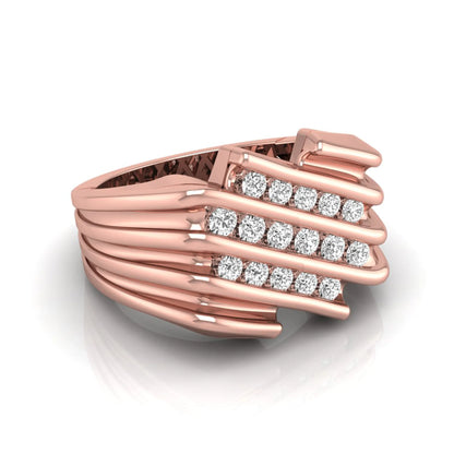rose gold Men's statement ring featuring multiple rows of round cut lab grown diamonds in a bold architectural design