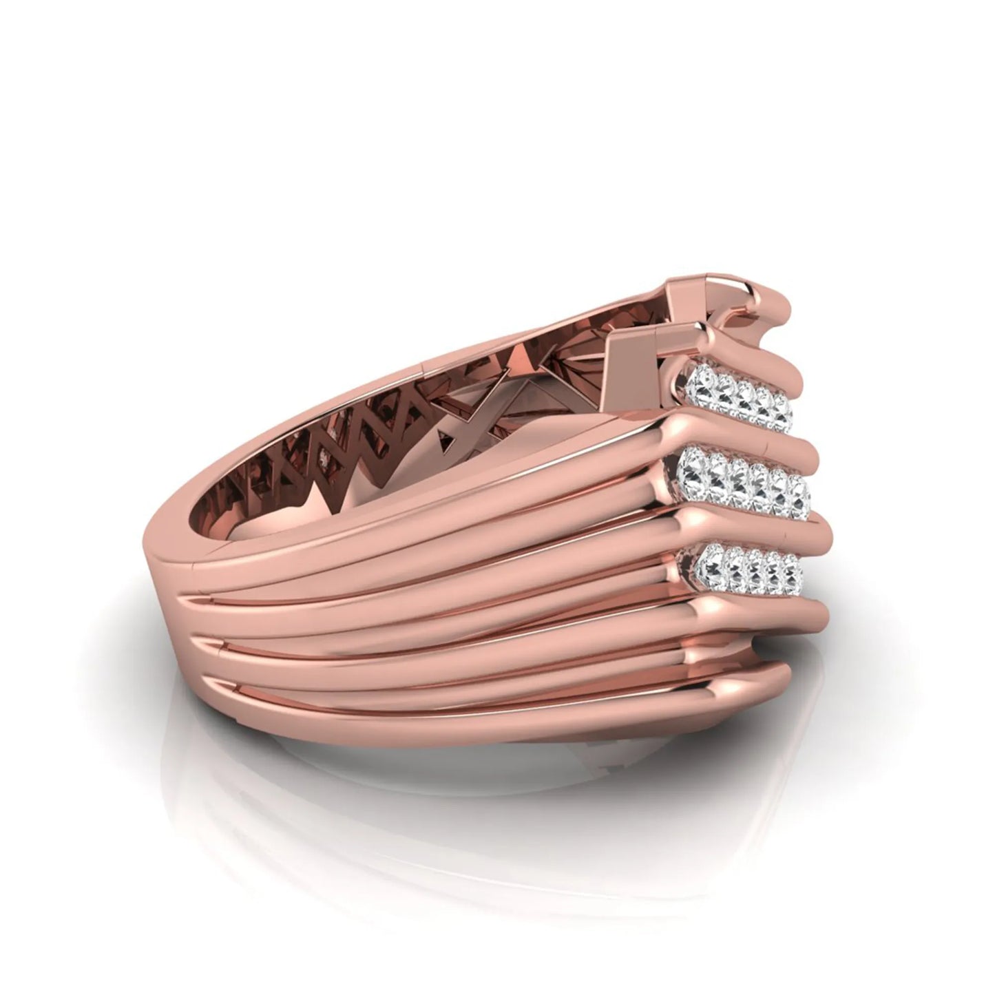 rose gold Men's statement ring featuring multiple rows of round cut lab grown diamonds in a bold architectural design