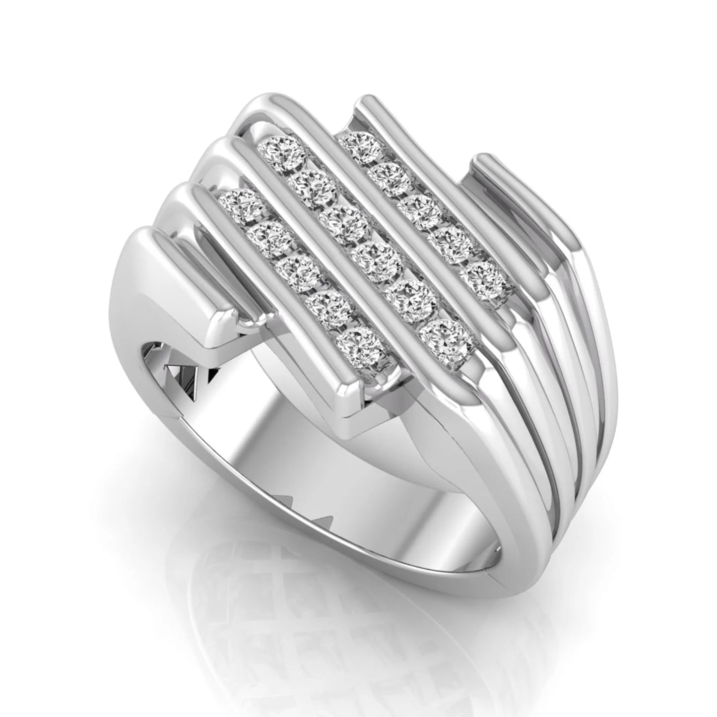 white gold Men's statement ring featuring multiple rows of round cut lab grown diamonds in a bold architectural design