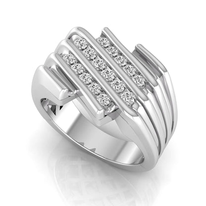 white gold Men's statement ring featuring multiple rows of round cut lab grown diamonds in a bold architectural design