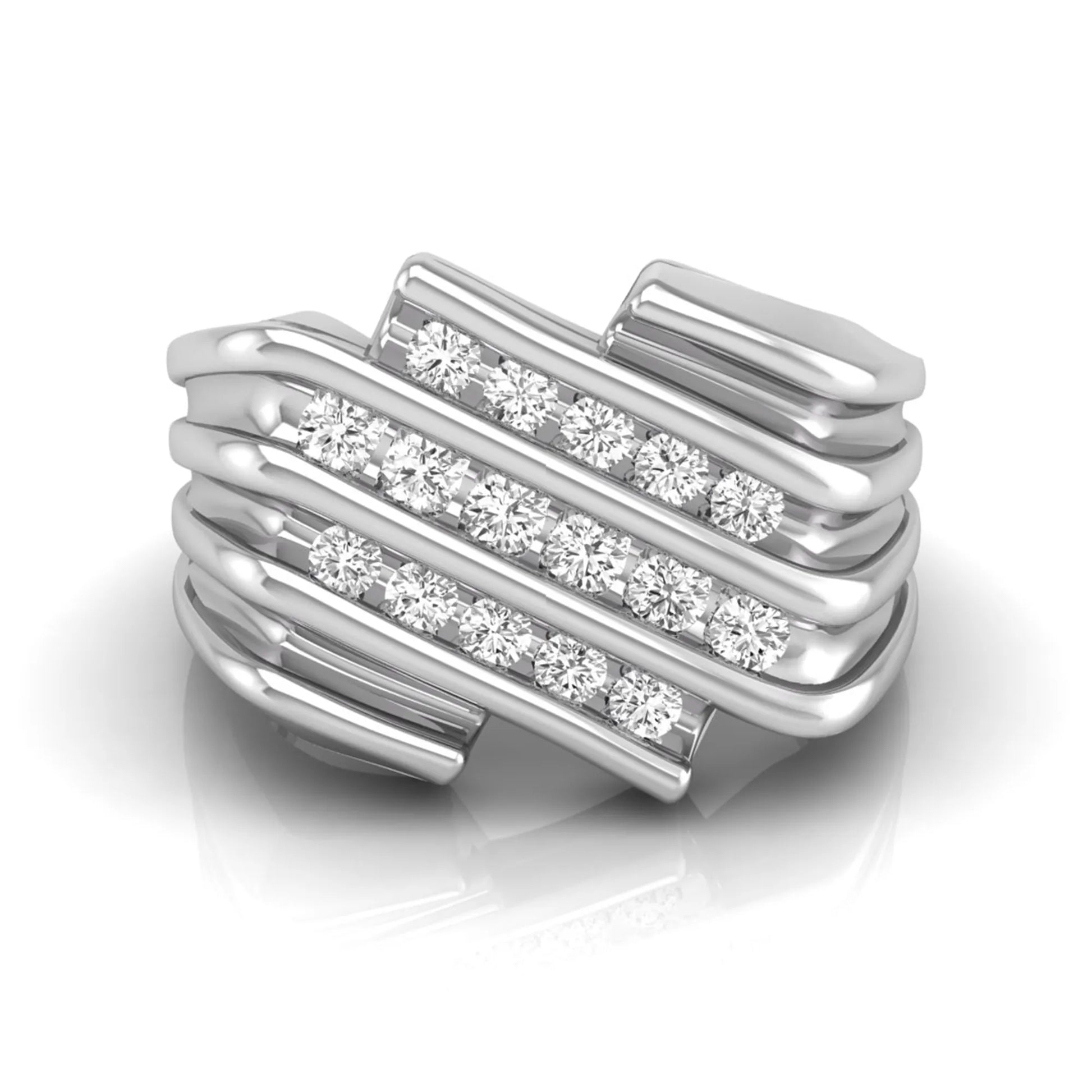white gold Men's statement ring featuring multiple rows of round cut lab grown diamonds in a bold architectural design